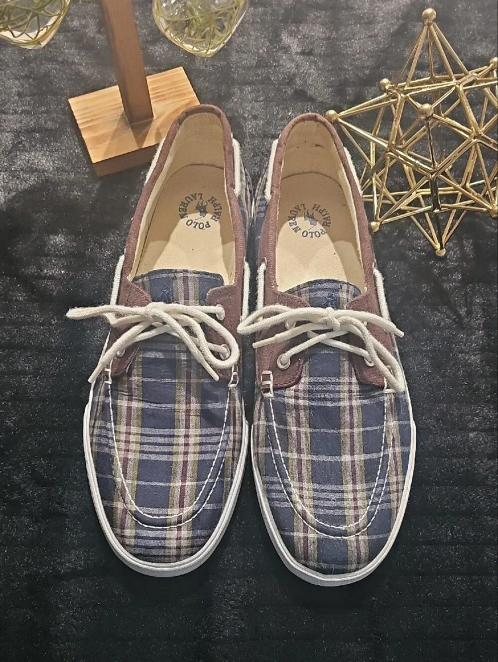 Ralph Lauren Polo Plaid Canvas Boat Shoes in Blue and Brown - Lace-Up Casual